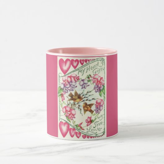 Love Birds Vintag Valentinstag Rosa Tasse (Zentrum)