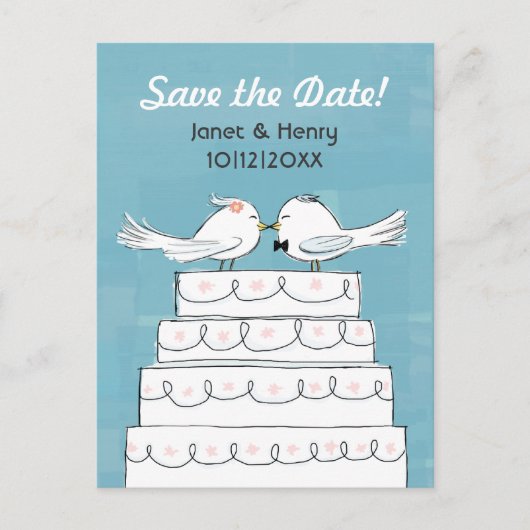 Love Birds Wedding Cake Kiss Save the Date Ankündigungspostkarte (Vorderseite)