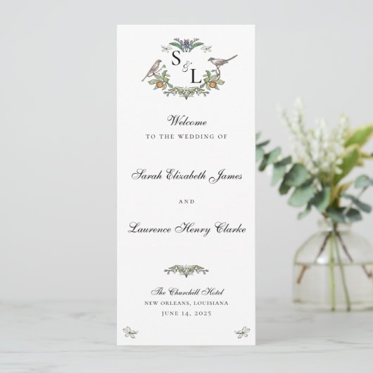 Love Birds Wedding Program Card (Stehend Vorderseite)