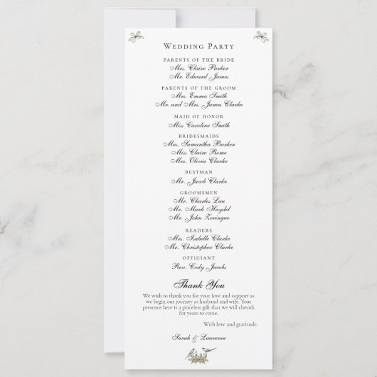Love Birds Wedding Program Card (Rückseite)