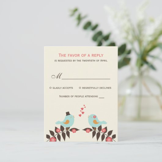 Love Birds Wedding RSVP Card (Stehend Vorderseite)