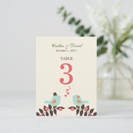 Love Birds Wedding Tischnummer Card (Stehend Vorderseite)