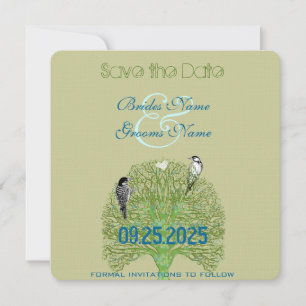 Love Birds Woodpecker Green Swirl Tree Wedding Save The Date