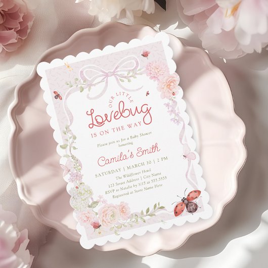 Love Bug Floral Bow Girl Baby Shower Invitation Einladung