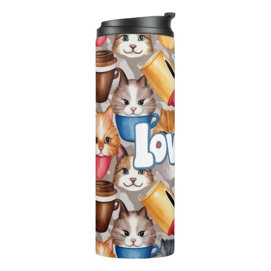 "Love Dad" Playful Cats and Coffee Pattern Thermosbecher (Nach links gedreht)