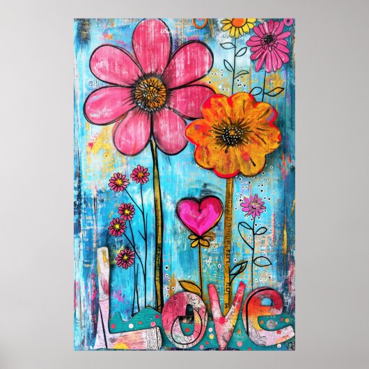 *~* LOVE Doodle – Farbige Whimsical-Blumenkunst Poster (Vorne)