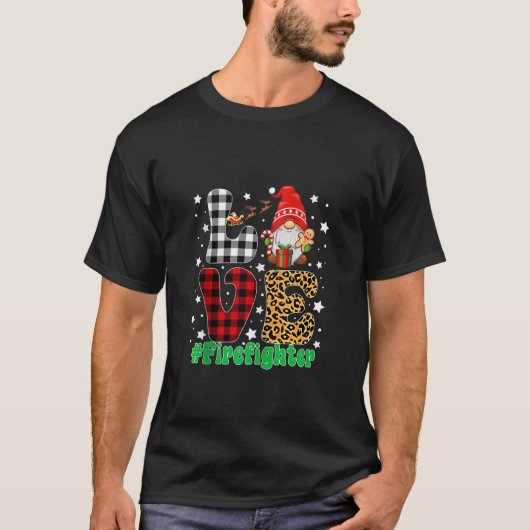 Love Firefighter Gnome Christmas Leopard Plaid Xma T-Shirt (Vorderseite)