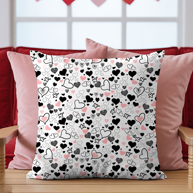 Love Gift Pillow Pink and Black Hand Drawn Hearts Kissen (Love Gift Pillow Pink and Black Hand Drawn Hearts)