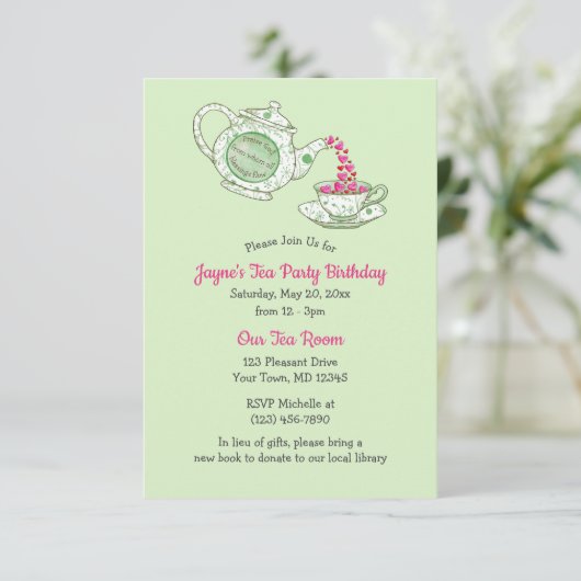 Love God Green Teapot Scripture Tee Party Kleines Einladung (Stehend Vorderseite)