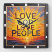 Love God Love People Sunset Art Quadratische Wanduhr (Vorderseite)