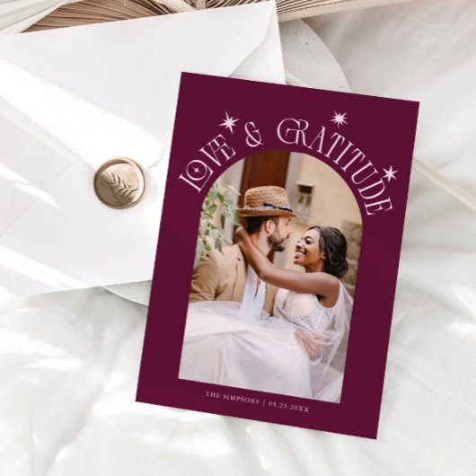 Love & Gratitude Minimal Wedding Photo Cranberry Dankeskarte