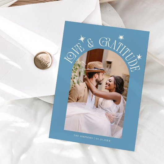 Love & Gratitude Minimal Wedding Photo Denim Blue Dankeskarte