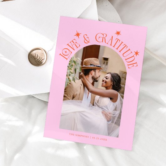 Love & Gratitude Minimal Wedding Photo Orange Pink Dankeskarte