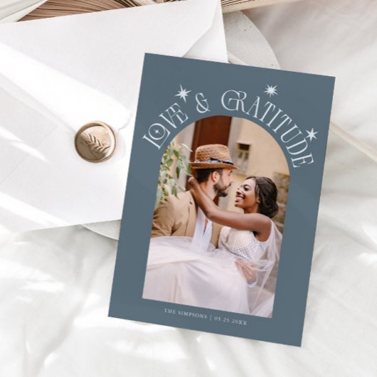 Love & Gratitude Minimal Wedding Photo Slate Blue Dankeskarte