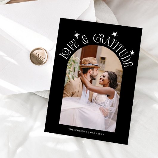Love & Gratitude Minimalist Wedding Photo Black Dankeskarte