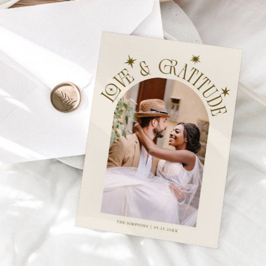 Love & Gratitude Minimalist Wedding Photo Cream Dankeskarte