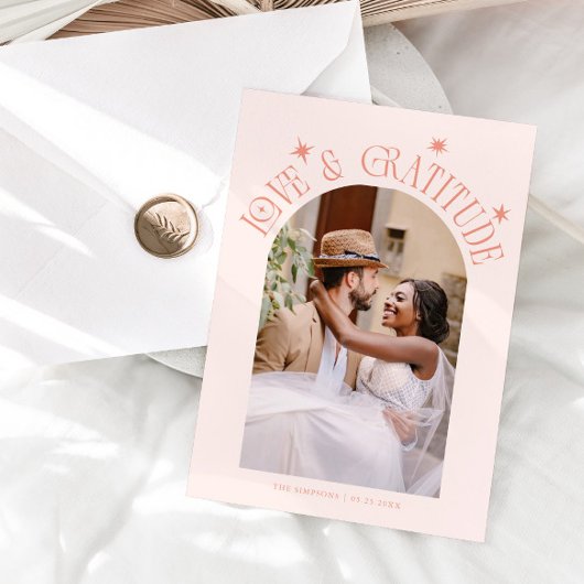 Love & Gratitude Minimalist Wedding Photo Peach Dankeskarte