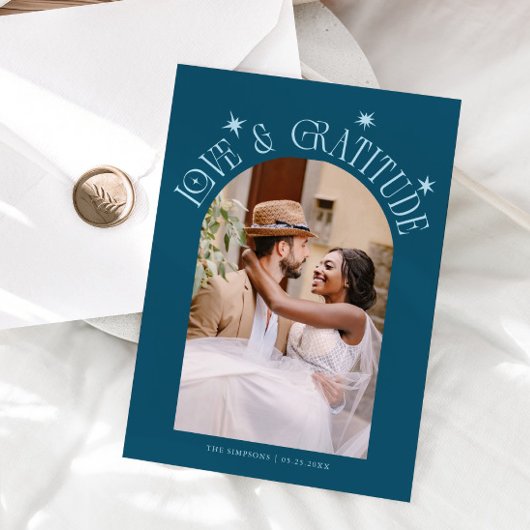 Love & Gratitude Minimalist Wedding Photo Teal Dankeskarte