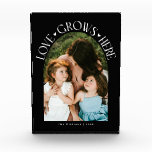 Love Grows Here Modern Arch Black Fotoblock<br><div class="desc">Modern and minimal family memory photo block featuring a photo in a arch frame with a text that says "Love Grows Here" with tiny hearts. Black.</div>