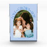 Love Grows Here Modern Arch Icy Blue Fotoblock<br><div class="desc">Modern and minimal family memory photo block featuring a photo in a arch frame with a text that says "Love Grows Here" with tiny hearts. Icy blue.</div>