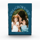 Love Grows Here Modern Arch Teal Fotoblock<br><div class="desc">Modern and minimal family memory photo block featuring a photo in a arch frame with a text that says "Love Grows Here" with tiny hearts. Teal.</div>