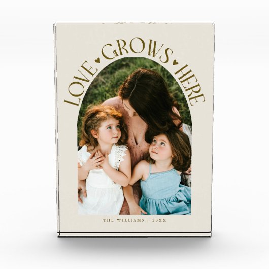 Love Grows Here Moderne Bogen-Creme Fotoblock (Vorderseite)