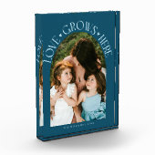 Love Grows Here Moderne Teal-Bogenform Fotoblock (Links)