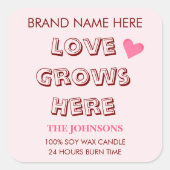 Love Grows Here | Valentine's Day Candle Labels Quadratischer Aufkleber (Vorderseite)