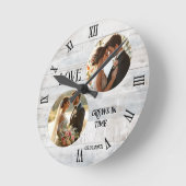 Love Grows in Time Rustic White Wood Wedding Photo Runde Wanduhr (Winkel)