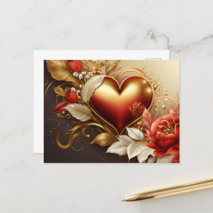 Love Heart and Floral red gold decorative Design Feiertagspostkarte