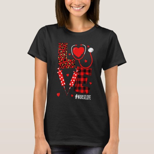 Love Heart Stethoscope Nurse Life Leopard Valentin T-Shirt (Vorderseite)