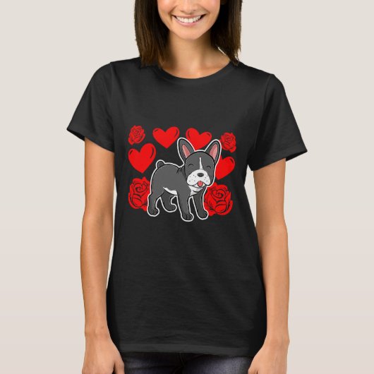 Love Heart Valentines Day Roses French Bulldog Bo T-Shirt (Vorderseite)