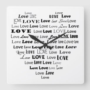 Love Heart Word Cloud - Black on White Quadratische Wanduhr