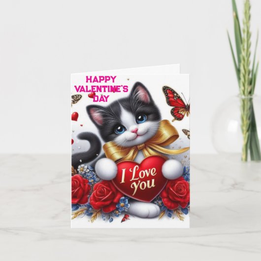 Love Hearts Cute Cat and Roses Valentines Day Karte (Vorderseite)