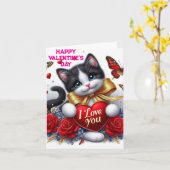 Love Hearts Cute Cat and Roses Valentines Day Karte (Gelbe Blume)
