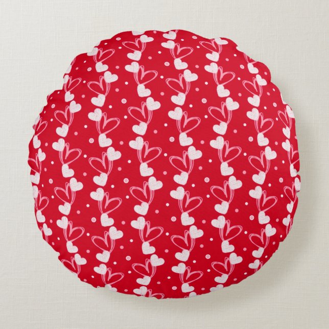 Love Hearts Doddles, Red Round Pillow Rundes Kissen (Vorderseite)