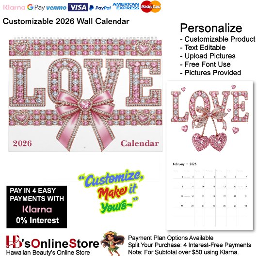 Love & Hearts Theme 12 Month 2026 Wall Kalender