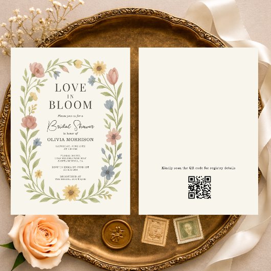 Love In Bloom Floral QR Code Bridal Shower Einladung