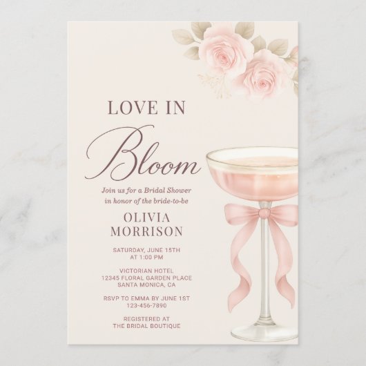 Love in Bloom Pink Champagne Bow Bridal Shower Einladung (Vorderseite)