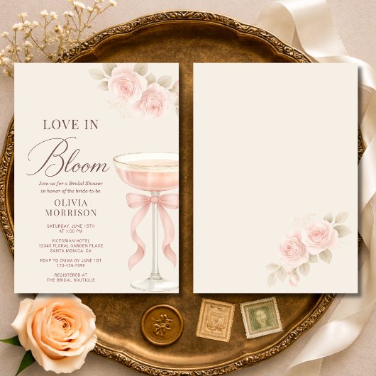 Love in Bloom Pink Champagne Bow Bridal Shower Einladung