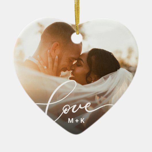Love in Elegant Script Wedding Photo Keramik Ornament (Vorne)