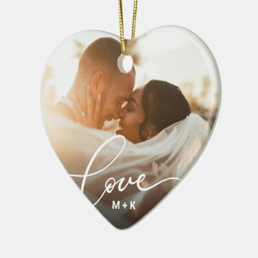 Love in Elegant Script Wedding Photo Keramik Ornament (Links)