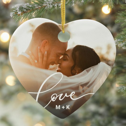 Love in Elegant Script Wedding Photo Keramik Ornament
