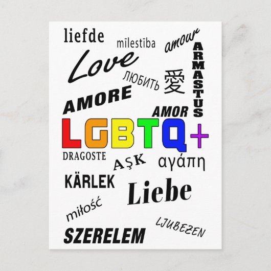 Love in many languages | LGBTQ+ Pride Postkarte (Vorderseite)