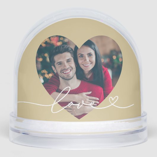 Love in Script Gold Custom Heart Shaped Photo Schneekugeln (Vorderseite)
