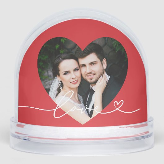 Love in Script Red Custom Heart Shaped Photo Schneekugeln (Vorderseite)