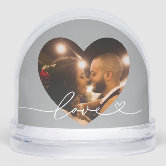Love in Script Silver Custom Heart Shaped Photo Schneekugeln (Vorderseite)