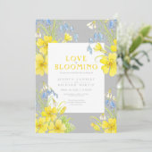 Love is blooming spring flower yellow gray wedding einladung (Stehend Vorderseite)