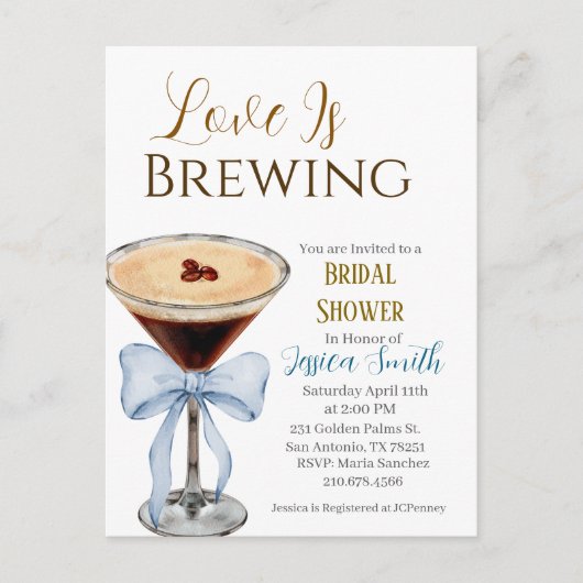 Love is Brewing Blue Bridal Shower Invitation  Postkarte (Vorderseite)