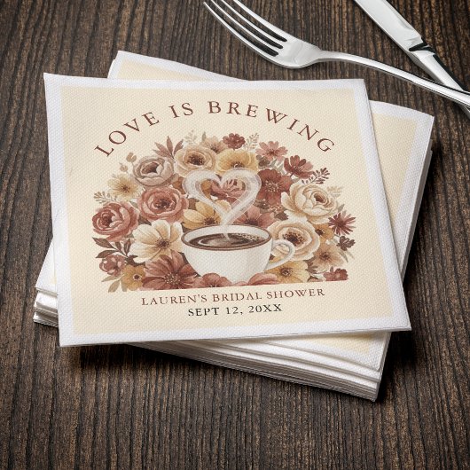 Love is Brewing Brown Floral Coffee Heart Bridal Serviette